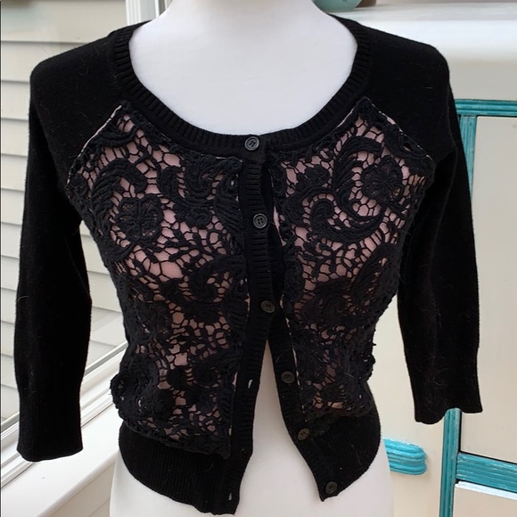 Wet Seal Cardigan Sweater, Black Lacy Pink Cardigan, Cropped Sweater, Boho Lace - Picture 1 of 7